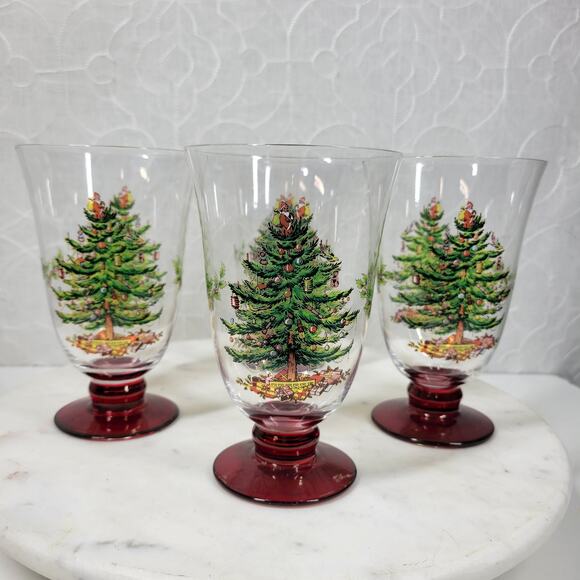 Spode Christmas Tree Goblets 18 oz 6" Red Foot Pedestal Holiday NEW - Picture 1 of 16